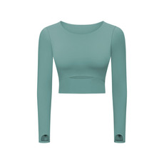 施悦名 2021欧美新款含胸垫运动长袖T恤 半截短款户外跑步修身瑜伽上衣女